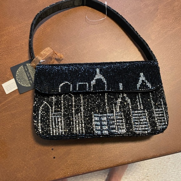 From India to You Hand Beaded NYC Skyline Shoulder Purse, Black, Gold & Silver.